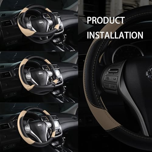 Image of Leather Car Steering Wheel Cover, Non-Slip Car Wheel Cover Protector Breathable Microfiber Leather 15.5 inch-16 inch Large Size for Most Cars,Beige-2
