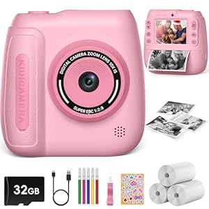 Hangrui Appareil Photo Instantané Enfant, 2.4" Écran Appareil Photo Numérique Enfant avec Carte de 32GB & 3 Rouleaux de Papier d'impression,Cadeau Jouet pour Enfant Garçons Filles de 3-9 Ans -Rose