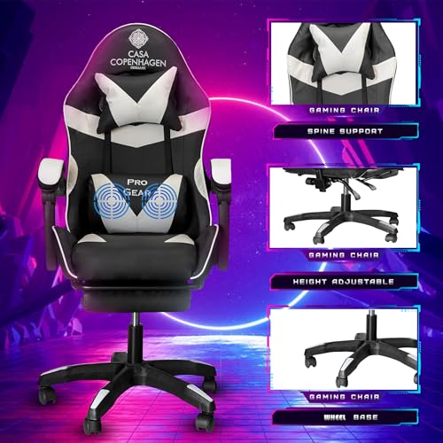 Image of Casa Copenhagen Designed in Denmark,High-Back Italian Leather Gaming Ergonomic Chair with Advanced Mechanism & Electric Back Massager, Memory Foam Seating & Multi Function Arm-Rest - White & Black