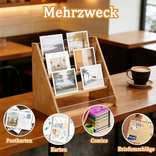 PEEXTBB 4 Stöckiger Präsentationsständer Für Grußkarten Vitrine, Bambus Acryl Postkartenständer, Tragbarer Präsentationsständer für Aufkleber, Theke Einzelhandels Bookcase, Holzfarbe