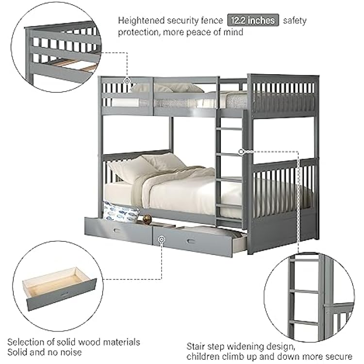 Merax Wood Bunk Bed with Drawers,Convertible Wood Bunk Bed with Ladders and Two Storage Drawers,Solid Wood Detachable Bunk Bed Frame with Ladders,Twin Over Twin Size,Grey