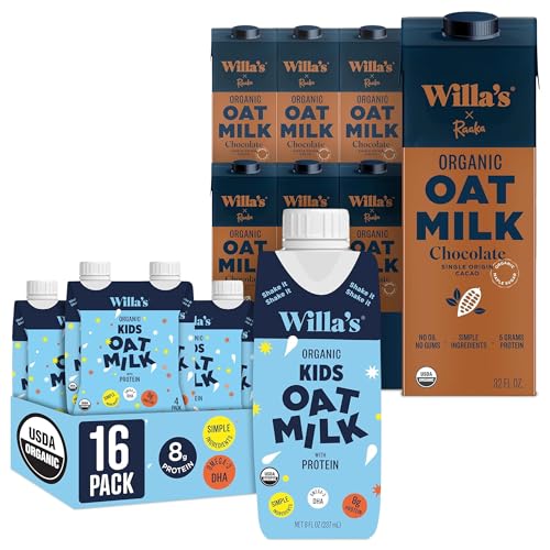 Willa's Organic Oat Milk - Chocolate Unsweetened Cacao Oatmilk, 32 oz, Pack of 6 & Kid's Oat Milk, 8.25 fl oz, Pack 16