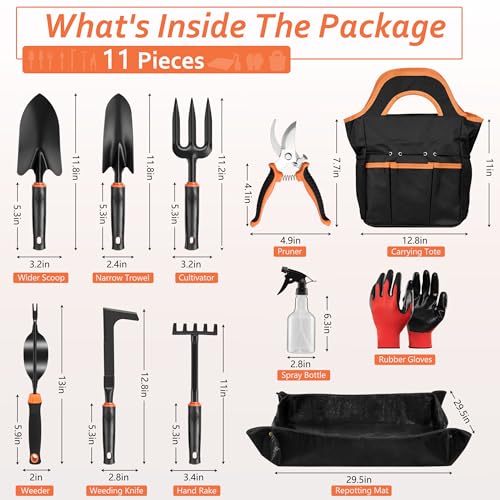 Image of HaSteeL Garden Tools Set, 11 Pcs Gardening Supplies Hand Tool Kit for Women Men Gardeners, Include Tote Bag, Reportting Mat, Transplant Trowel, Rake, Pruner for Outdoors
