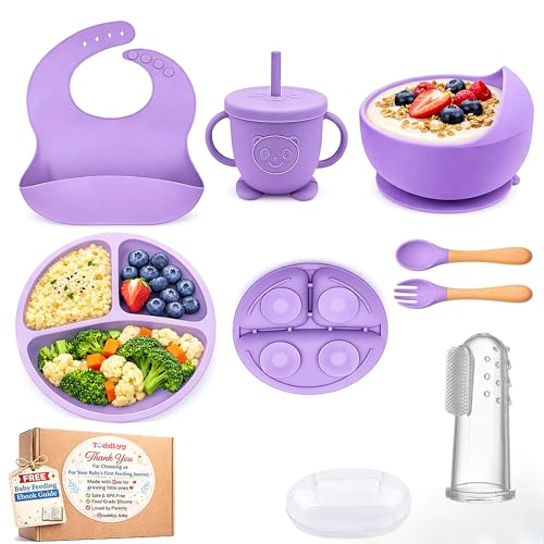 Image of 7 Pcs Silicone Baby Feeding Set for Toddlers 6+ Months | Baby Led Weaning Self Feeding Kit | Suction Plate & Bowl, Bib, Cup, Spoon & Fork, Fruit Feeder, Finger Brush | FDA | Ebook (Lavender)