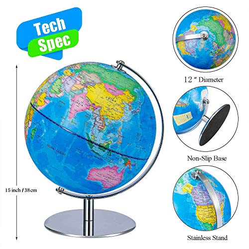 World Globes for Kids - Larger Size 12" Educational World Globe with Stand Adults Desktop Geographic Globes Discovery World Globe Educational Toy for Children - Geography Learning Toy (12inch) - Thumbnail 2