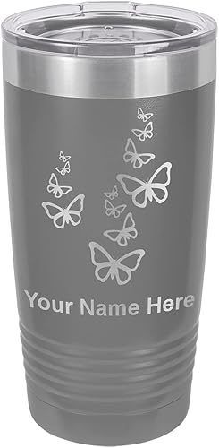 LaserGram Vaso aislado al vacío de 20 onzas, mariposas, grabado personalizado incluido (gris)