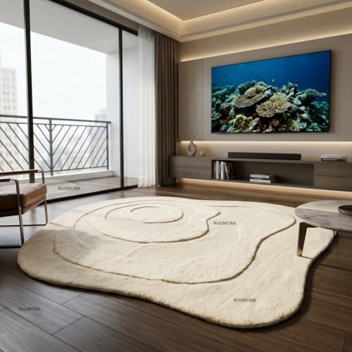 Image of Hand Tufted Wool Rug 6x8 Ft - Modern Irregular Shape Aesthetic Carpet, 1 Inch Thick Pile, Anti-Skid Backing, Soft Handmade Woolen Area Rug for Living Room, Bedroom, Hall Decor
