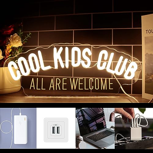 Image of Cool Kids Club Neon Sign, All Are Welcome Neon Light, Handmade LED Neon Baby Room Light, Dimmable USB Neon Lights for Kids Bedroom Baby Nursery Room Playroom Wall Decor Party Gift(6.1 * 15.7in)