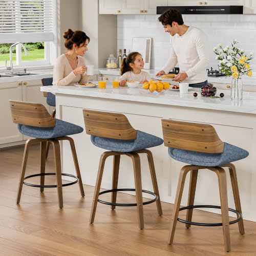 Image of YaFiti Bar Stools Set of 3, 26 inch Swivel Counter Height Barstools with Bentwood Back and Legs, Mid Century Modern Upholstered Fabric Counter Stools for Kitchen Island, Dining Room, Blue
