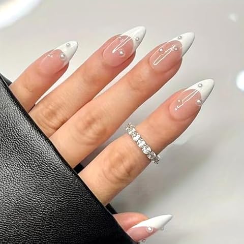 EONFAVE French Almond Pearl Fake Nails Cover