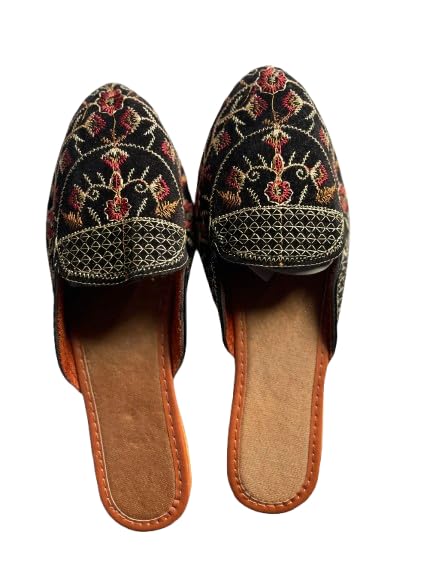 tulip traditional artisians' upliftment livelihood program Jaipuri Chappal with Embroidered Slip-On Mules, Black and Orange with Floral Design, Traditional Style, Flat Footwear-picture-11