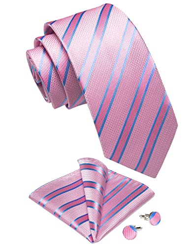 Image of DiBanGu Striped Tie Set for Men Silk Woven Plaid Necktie and Pocket Square Cufflinks Business Wedding