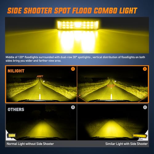 Image of Nilight Side Shooter LED Pods Yellow 2Pcs 6.5 Inch 60W Flood Spot Beam Offroad Driving Fog Work Light Bar for Tractor Boat SUV ATV UTV 4WD Car Truck Motorcycle Dirt Bike Golf Cart 12V 24V