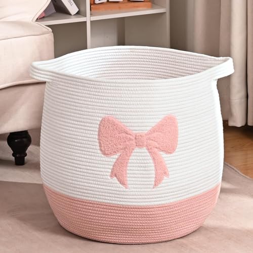 Image of Large Baby Laundry Basket, Pink Laundry Hamper for Baby, Toy and Blanket Storage Basket, Cotton Rope Baskets for Organizing 17.7"x15.7"