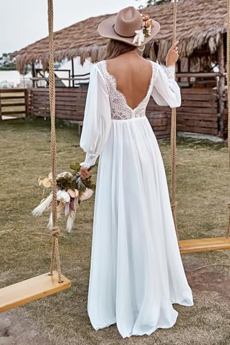 Lorencia Women's Long Sleeve V Neck Lace Beach Wedding Dresses 2025 Empire Waist A Line Chiffon Bridal Gowns for Bride LN0033
