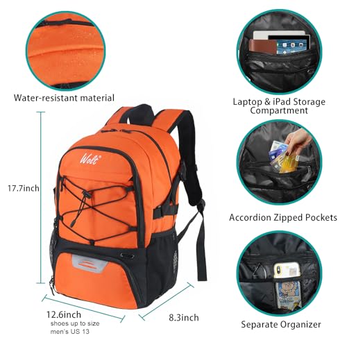 WOLT | Basketball Backpack Large Sports Bag with Separate Ball Holder & Shoes Compartment, Best for Basketball, Soccer, Volleyball, Swim, Gym, Travel (Orange) by WOLT - Image 2