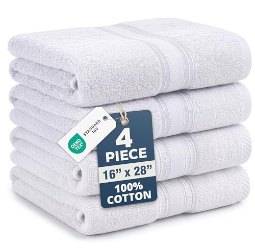 White Hand Towels for Bathroom - Pack of 4 (16x28) 100% Cotton Hand & Face Towels - Soft Durable Quick Dry & Highly Absorbent Fingertip Towel for Bathroom - Great for Gym Salon Spa & Family Use