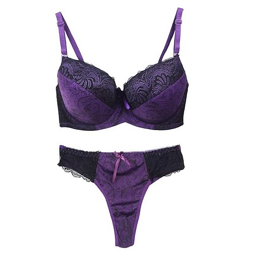 Swbreety Women's Comfortable Push Up Embroidery Lace Bra and Panty Set Plus Size - 42DD - Purple