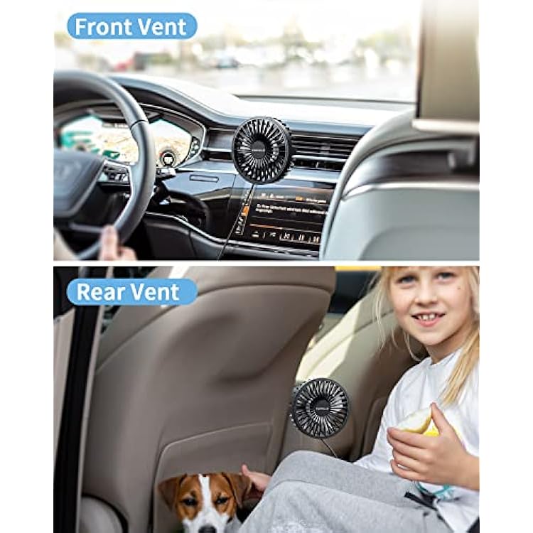 TriPole Car Fan USB Powered - Powerful 3 Speed, Portable Cooling Clip Fan for Car Vent, Quiet Brushless Motor, 360 Degree Rotatable, Air Circulation for Vehicle, Van, Truck, SUV, RV