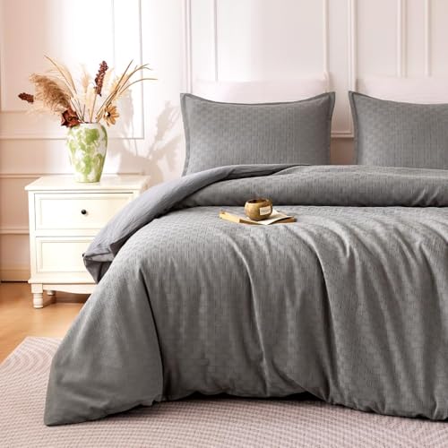 SLEEP ZONE Waffle Duvet Cover Set Queen Size, 3 Pieces Boho Bedding Set for All Season 1 Durable and Soft Jacquard Duvet Cover with 2 Pillow Shams, 90"x90", Dark Grey Grid - image 1