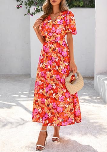 Image of PRETTYGARDEN Womes Boho Maxi Dresses 2026 Summer Spring V Neck Puff Sleeve Empire Waist A Line Flowy Long Beach Floral Dress