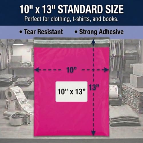 Image of BOX USA Shipping Bags 10 x 13 (100-Pack) Pink - Heavy Duty Self-Adhesive Envelope Poly Mailers for Packing