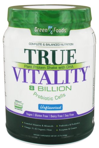 True Vitality Plant Protein Shake with DHA-Unflavored Green Foods 22.7 oz Powder