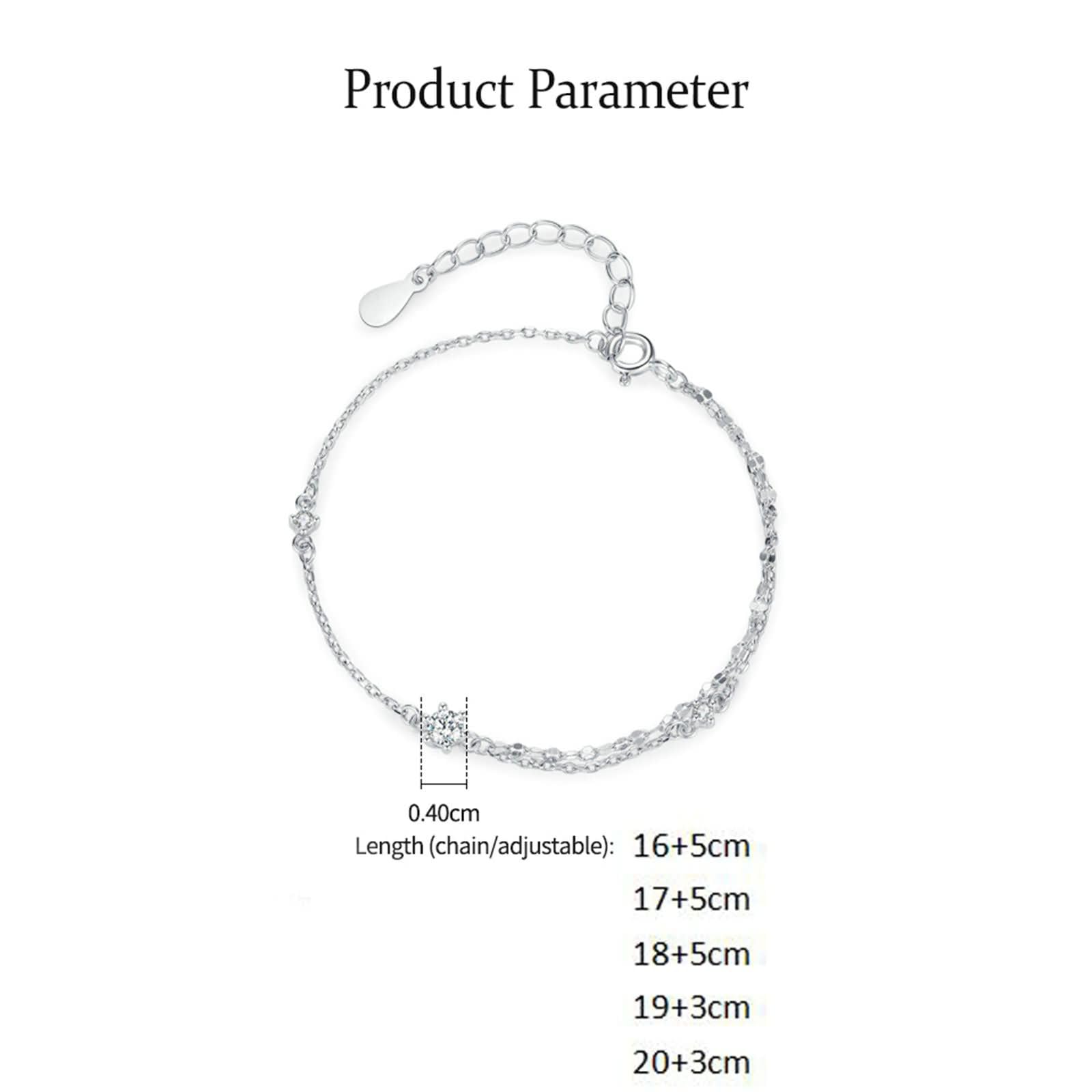 Braccialetto Oro Bianco 9K / 14K / 18K Donna, Catena a Doppio Strato con Moissanite, Regolabile 16 CM + 5 CM, Bracciale Catena Donna Argento