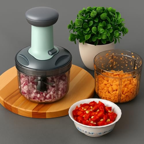 Image of Youone Push Chopper 1000ml Manual Food Chopper with 5 Stainless Steel Blades - Hand Pull Vegetable Chopper for Onion, Garlic, Nuts, Salad, Fruits
