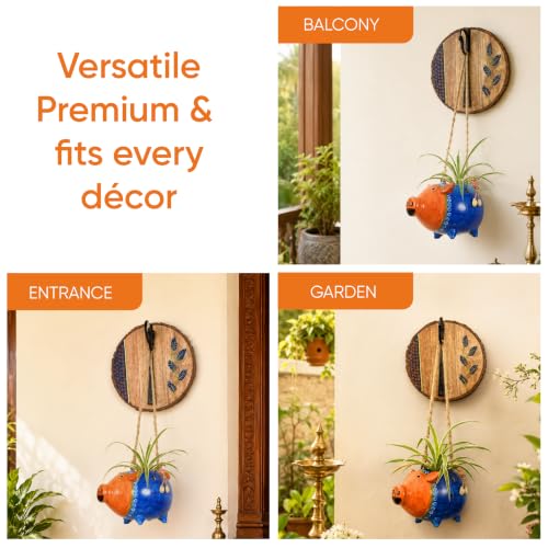Image of AAKRITI ART CREATIONS Wall Hanging Planter with Hook | Blue Pig Design on Round Hook, Modern Art, Matte Finish | Metal, Terracotta & Wood | Decorative Hanging Pot for Indoor & Outdoor Home Decor