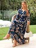 Simplee Women's Floral Boho Long Sleeve Maxi Dress V Neck Empire Waist Swing Flowy Wedding Guest Dress Navy Floral M - Image 5
