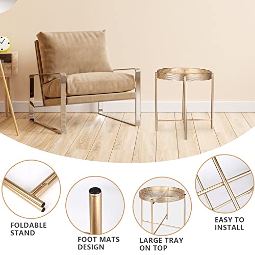 Jengryoe Metal End Table, Sofa Table Small Round Side Tables, Anti-Rust And Waterproof Accent Coffee Table,Foldable Removable Tray Design, For Living Room Bedroom Balcony Patio And Office (Gold) #TOP3
