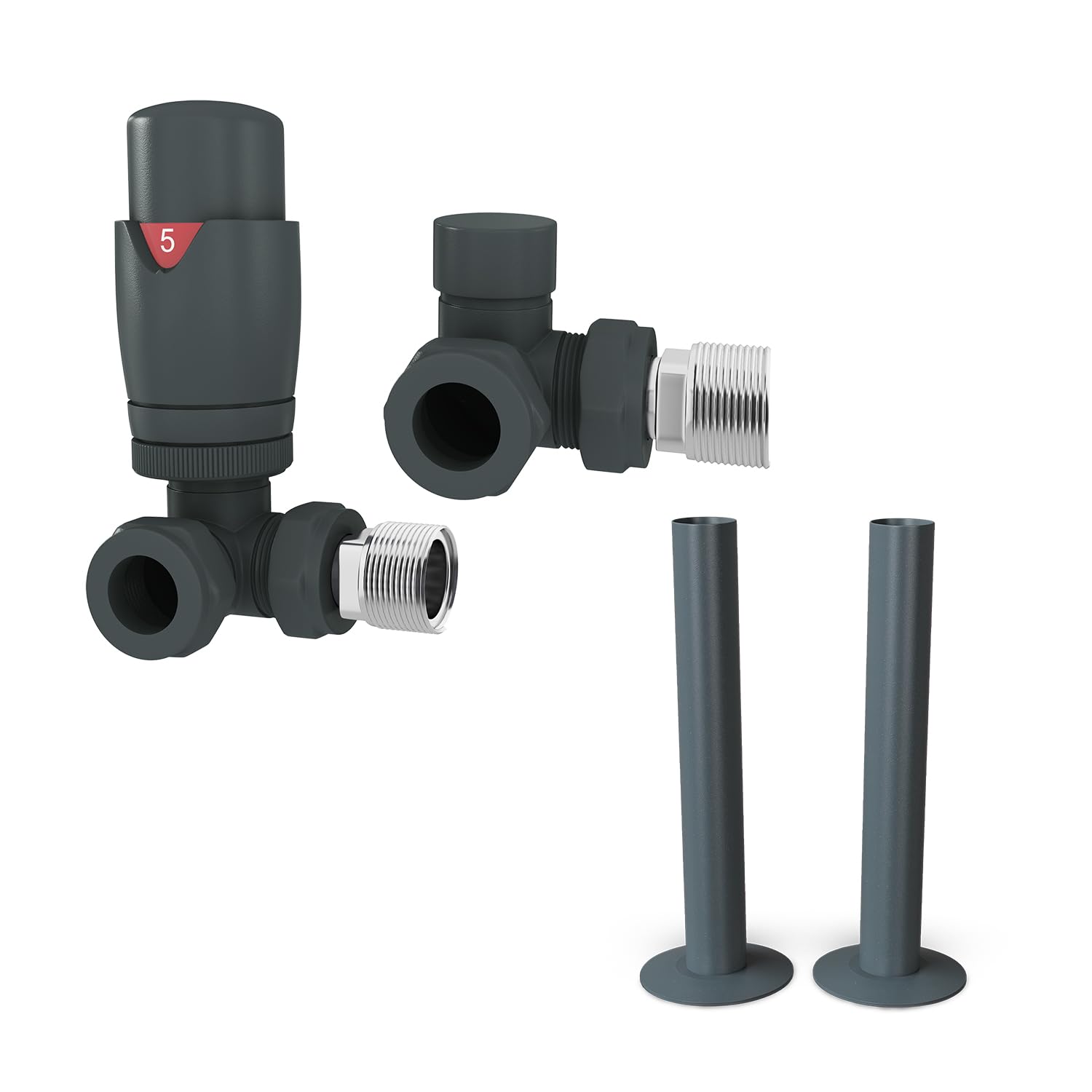 UK Radiators Thermostatic Radiator Valve + 130mm Pipe Sleeves - Energy Saving 1/2" x 15mm Brass Corner Valve - Anthracite Grey Colour