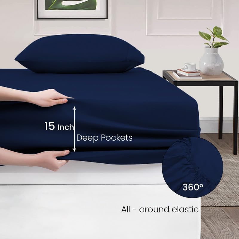 Miniatura 7 de SGI - Juego de sábanas de algodón de 1000 hilos, calidad premium, 4 piezas, 1 sábana bajera, 1 sábana encimera y 2 fundas de almohada, bolsillo