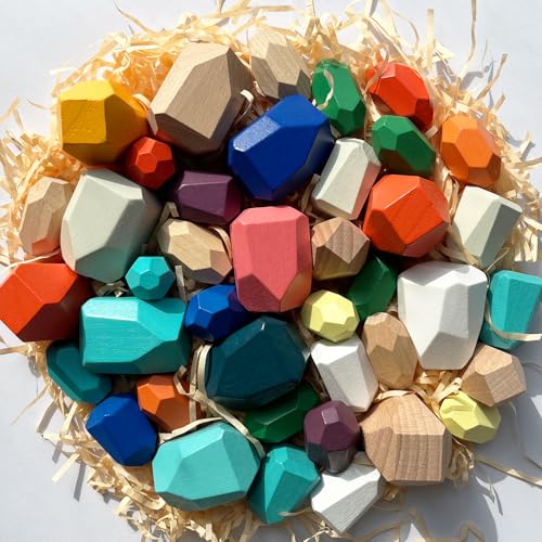 Stacking Rocks 40 Pieces, Over 3 Years Old, Educational Toddler Stacking Blocks, Promotes Imagination, Balance & Fine Motor Skills - Wooden Rocks Sensory Toys Gift for Kid, Boy Girl Pack