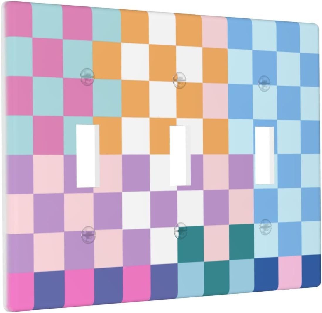 Colorful Retro Checkered Wall Plate Decorative 3 Gang Triple Toggle Pretty Rainbow Geometric Light Switch Cover Electrical Receptacle Faceplate for Girls Bedroom Home Bathroom