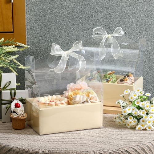 Honeydak 10 Pcs Cake Flower Clear Gift Boxes with Handle 4 in, Yellow, Bow