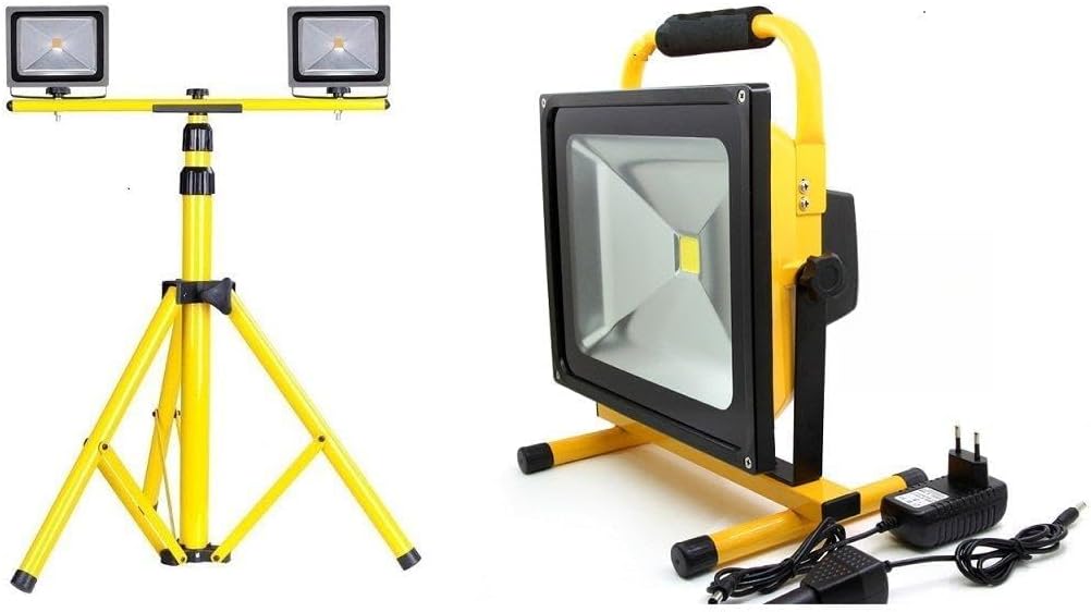 MyraBec CORDLESS Portable LED Work Light - Twin CORDLESS 30W LED Floodlights w/Light Tower Telescoping Tripod Stand