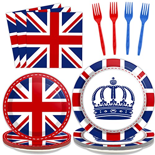 chiazllta 96 pcs britain uk england flag birthday party paper plate and napkins british flag party supplies tableware union jack party decorations paper plate napkin fork for party favors 24 guests