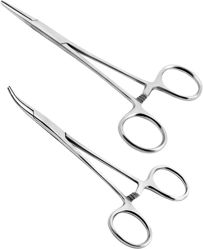 Ainiv 2 PCS Hemostat Curved and Straight Self-Locking Fishing Forceps, 5" | Stainless Steel Piercing Remover Tool Piercing Grabber Tool for Nurses Pet Grooming Care Fishing DIY Crafting