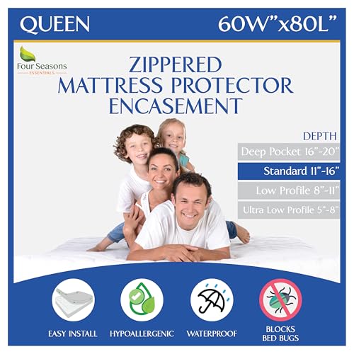 Queen Size Mattress Protector Bedbug Waterproof Zippered Cover Hypoallergenic Premium Quality Encasement White