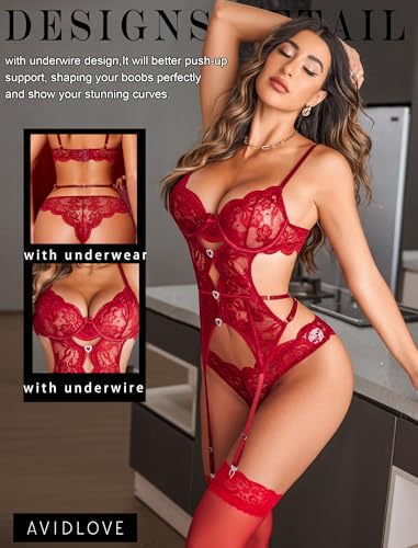 Image of Avidlove Women's Underwire Lingerie Set with Garter Belt Sexy Lace Bodysuit Cut Out Rhinestone Teddy Lingerie (No Stockings)