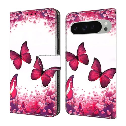 Étui compatible avec Google Pixel 7A housse portefeuille en cuir clapet magnétique papillon rouge