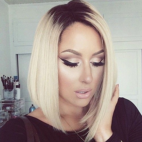 Cici Collection Synthetic Lace Front Wig Straight Short Bob Lace Front Wigs 1B Grey Blonde Ombre Wigs For Women Heat Resistant Fiber Hair(1B/Blonde)