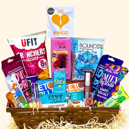 GuiltFree Premium Vegan Hamper Basket - Vegan Treats Gift Box for all occasions with protein chips sweet and savoury snacks and indulgent wafer bars for Men & Women