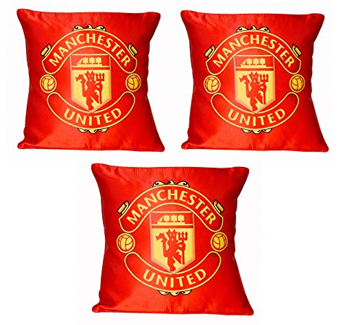 MONK MATTERS Manchester United Football Club Printed Cushion Cover with Fillers Size 12x12 Inches/30x30cms Micro Satin Fabric (Pack of 3, Multicolor)