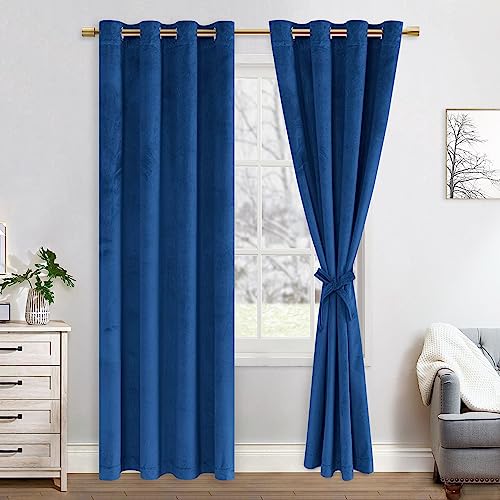 JIUZHEN Cortinas opacas de terciopelo, juego de 2 cortinas opacas suaves con ojales para dormitorio, 140 x 215 cm (ancho x alto), azul marino