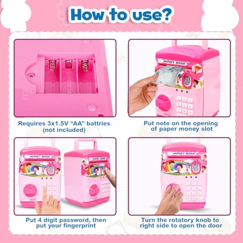 Image of Wembley Finger Print Sensor ATM Piggy Bank for Kids Girl Boys Gullak for Money Bank with Password & Music Auto Scroll Money Saving Box with Coin Cash Slot Gifts for Kids - Pink