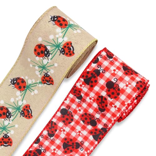 ABTOLS 2 Roll 10 Yards Ladybug Ribbons, 2.5" Red White Buffalo Plaid Wired Edge Burlap Ribbon Floral Ladybird Ribbon for Spring Party Decor Gift DIY Crafts Wreaths Bow