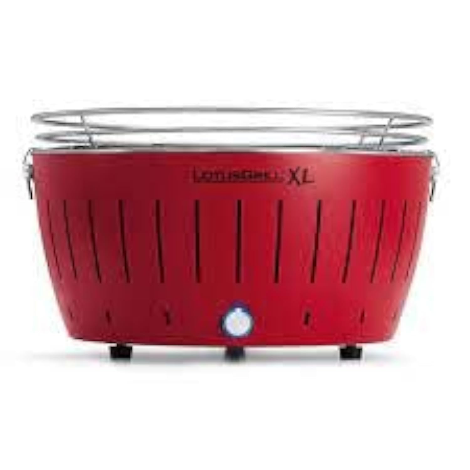 Lotus Grill Grill XL Red. Charcoal powered. Battery operated Fan. Nylon carry-bag. Double skinned bowl.Outer powder coated steel. Suitable for upto 10 persons. Ready to cook in under 5 minutes.